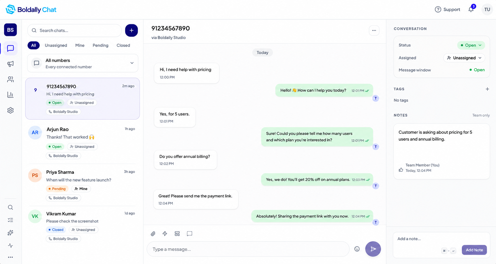 The Boldally Chat shared inbox: chat list, an open customer conversation, and the status and notes panel.